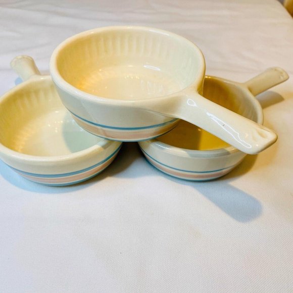 Vintage McCoy Pink & Blue Stripe French Onion Soup Bowl 1970s set of 3 Cottage - Picture 3 of 5